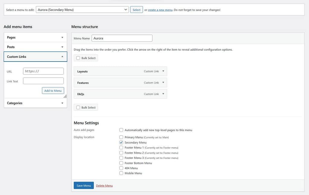 Setting menus to various menu locations in WordPress