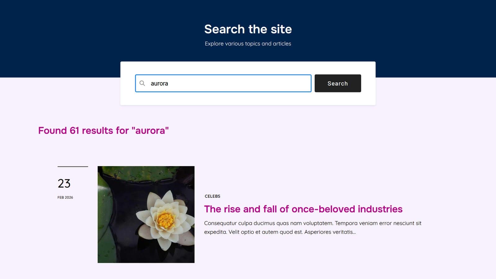 Aurora WordPress theme search page style