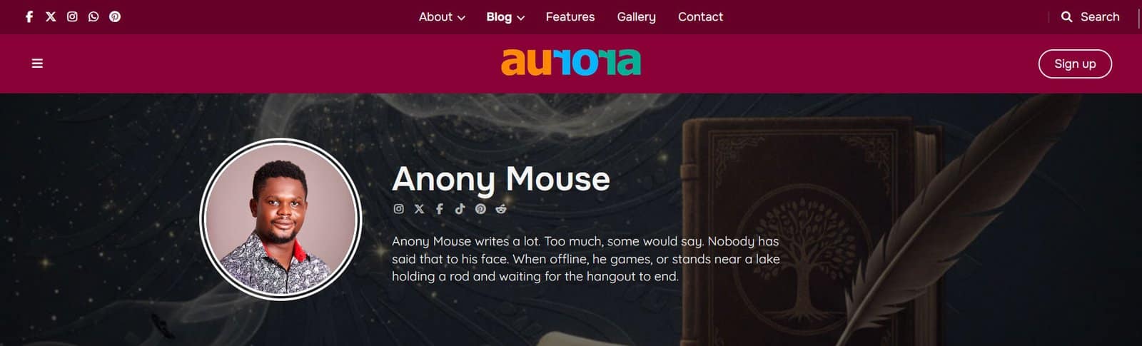 Aurora author page showing the Contrast header style with author photo, name, bio and social icons