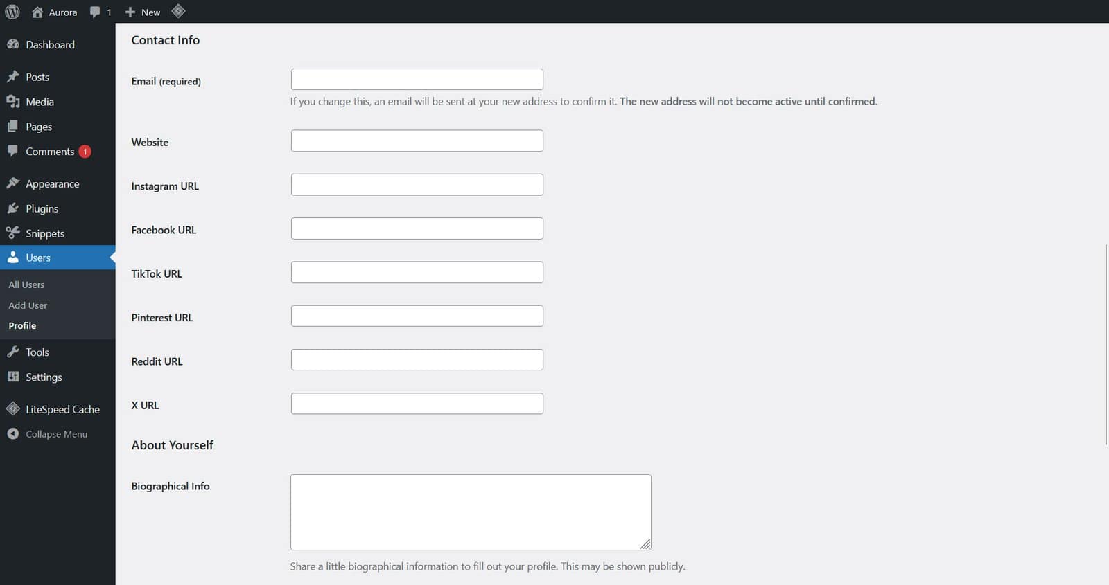WordPress user profile screen showing Aurora's added social fields: Instagram, Facebook, TikTok, Pinterest, Reddit and X URLs