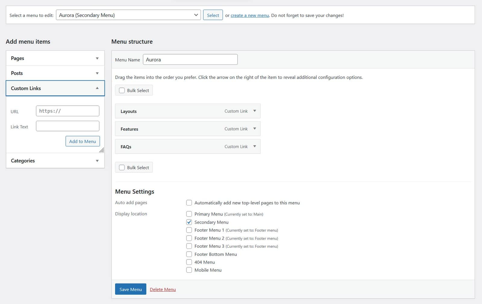 WordPress Menus admin screen showing menu location assignments including Primary, Secondary, Footer and other Aurora menu locations