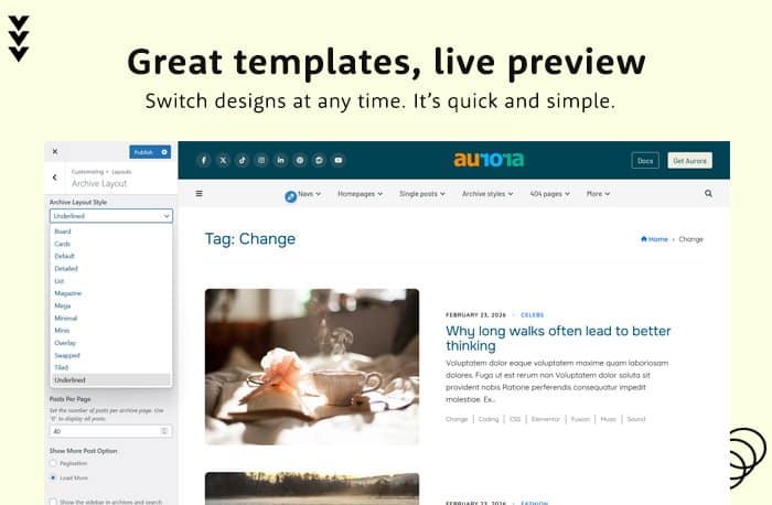 Aurora WordPress Blog theme's flexible templates