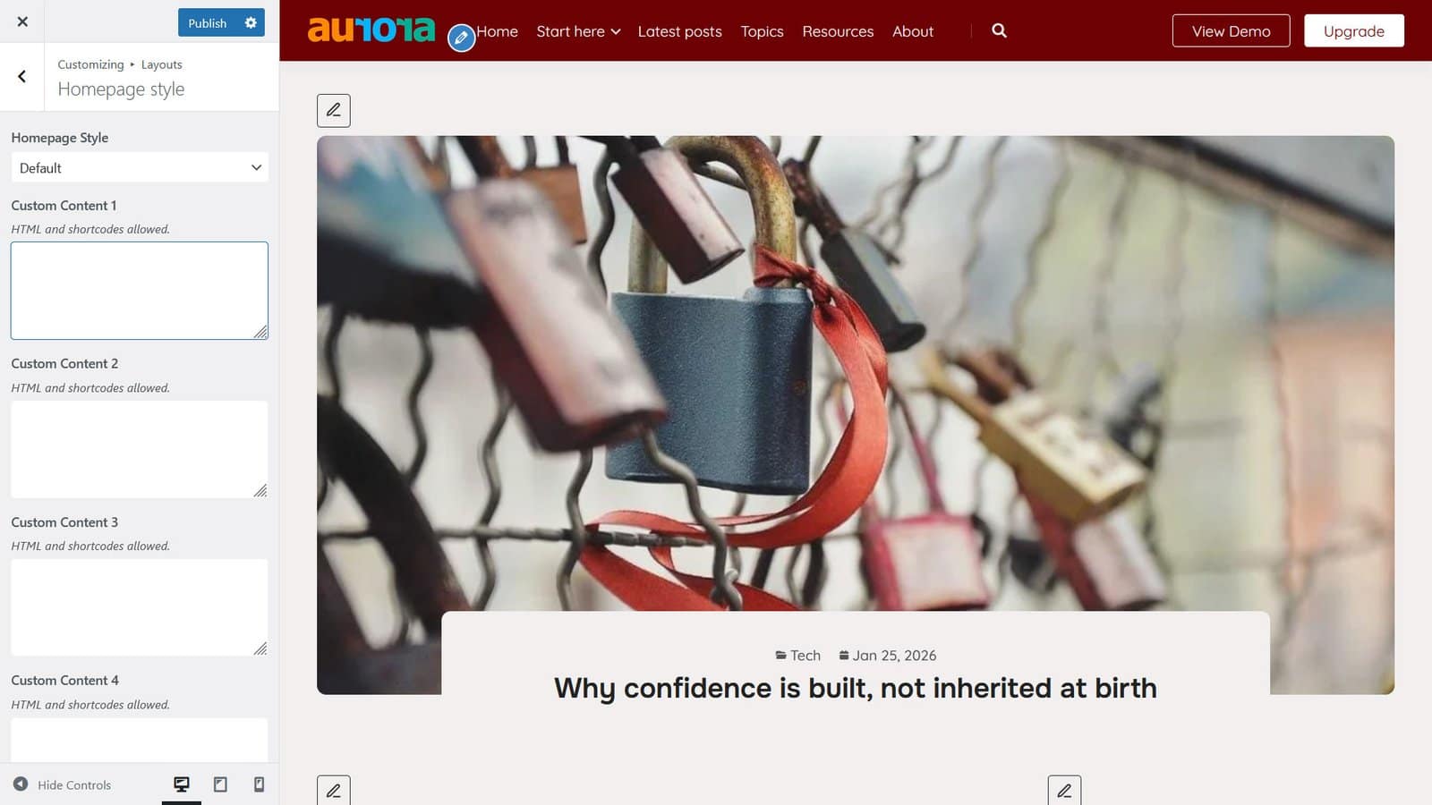 Aurora Theme's homepage setting
