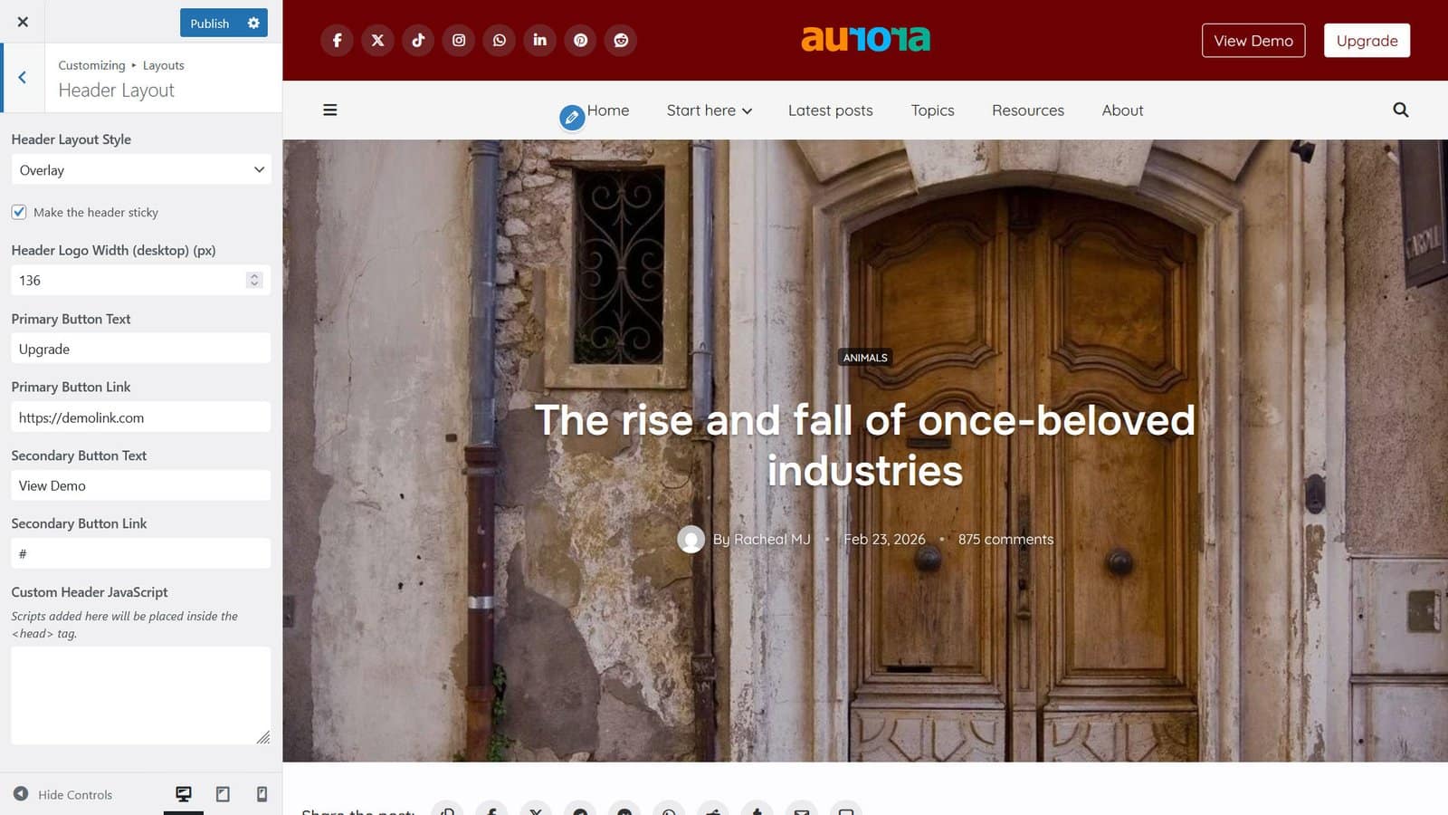 Aurora WordPress theme showing header settings and single post design