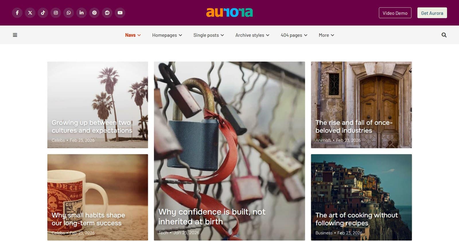 Aurora WP theme showing a homepage demo