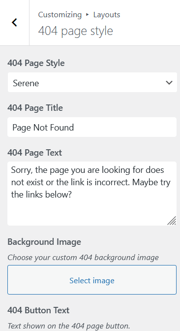 404 Page Style panel showing style dropdown, title field, body text, background image upload, button text and button link fields