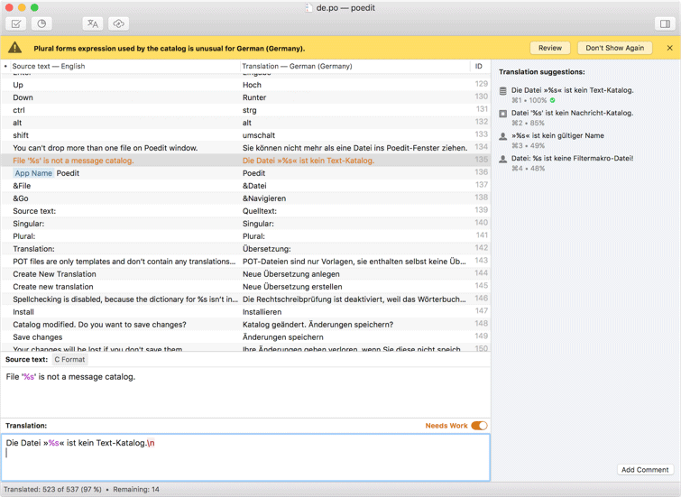 Poedit translation editor showing source English strings on the left and German translations on the right