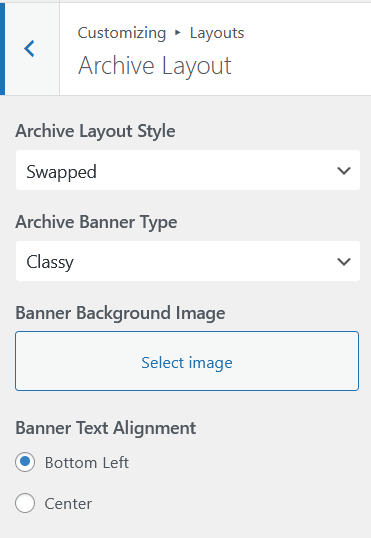 Archive Layout controls in the Customizer showing Archive Banner Type, Banner Background Image, and Banner Text Alignment settings