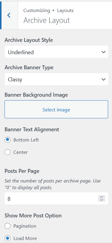 Archive Layout panel showing Archive Layout Style, Archive Banner Type, Banner Background Image, Banner Text Alignment, Posts Per Page and Show More Post Option
