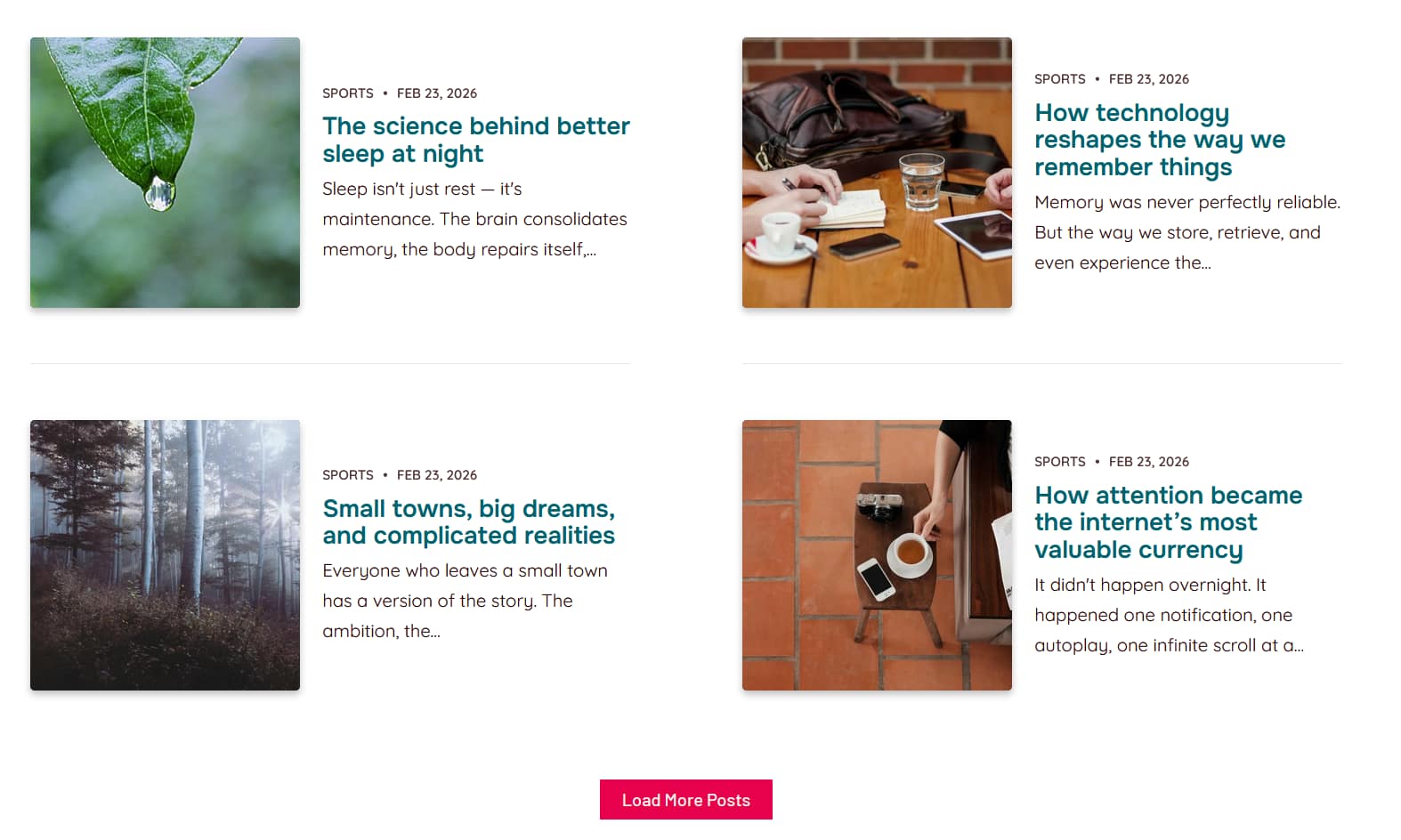Archive page showing post grid with Load More Posts button below