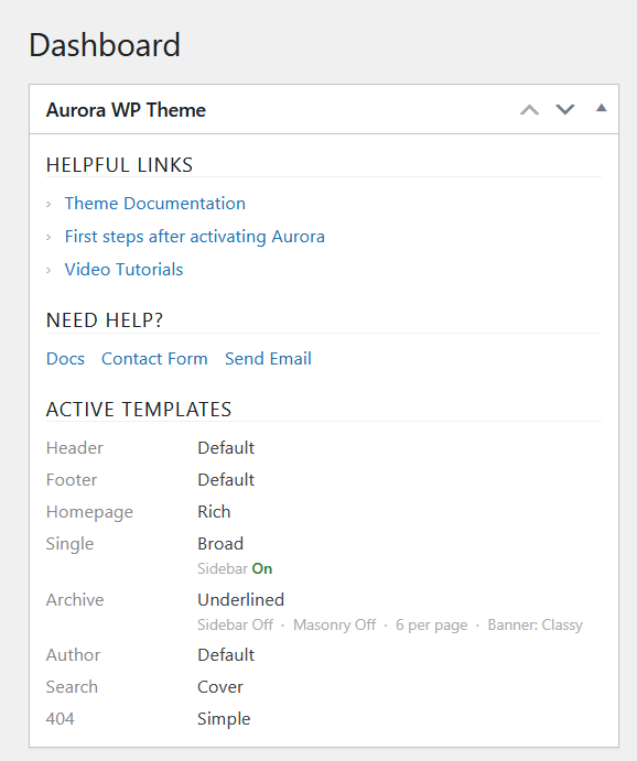 Aurora WP Theme dashboard widget showing Helpful Links, Need Help section and Active Templates listing current header, footer, homepage, single, archive, author, search and 404 layouts