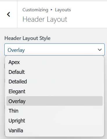 Header Layout Style dropdown showing all 8 options: Apex, Default, Detailed, Elegant, Overlay, Thin, Upright, Vanilla