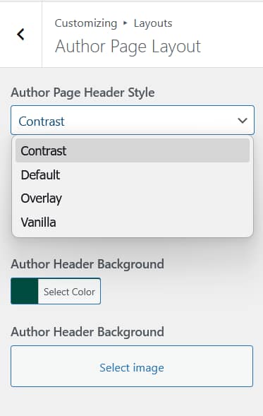 Author Page Layout panel showing Author Page Header Style dropdown with Contrast, Default, Overlay and Vanilla options, plus background color and image fields
