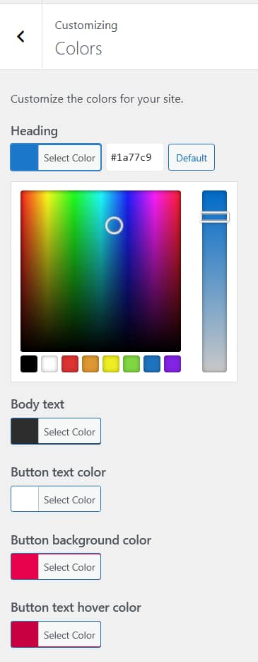 Aurora Colors panel showing Heading, Body text, Button text and Button background color pickers