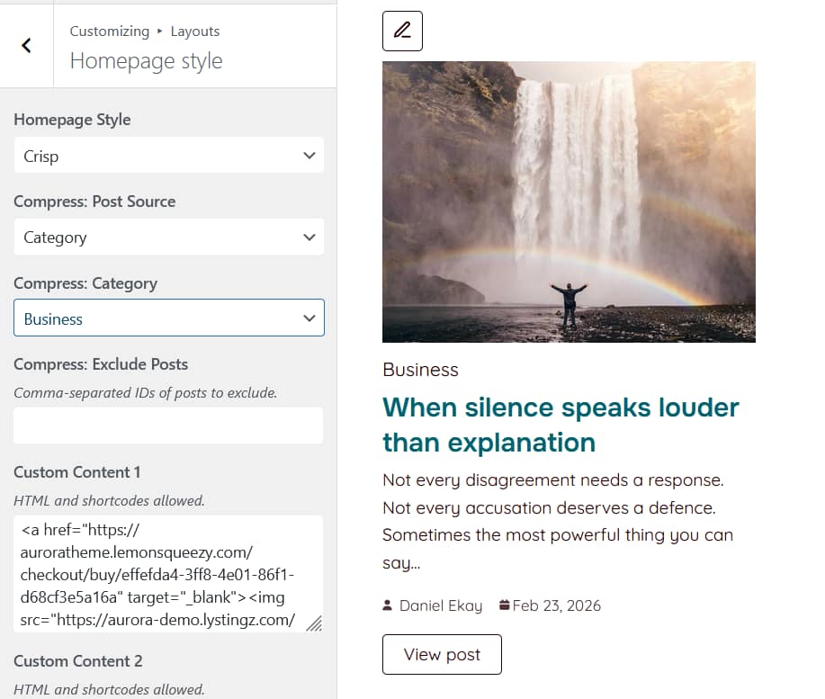 Homepage section configuration panel showing Style, Post Source, Category and exclusion options