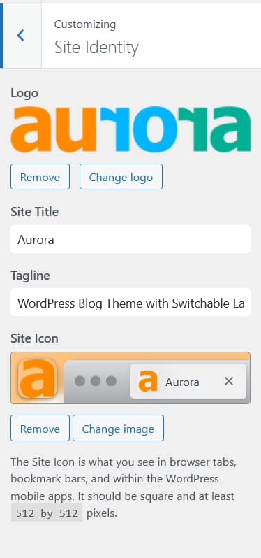 Customizer Site Identity panel showing logo upload, site title, tagline and favicon fields