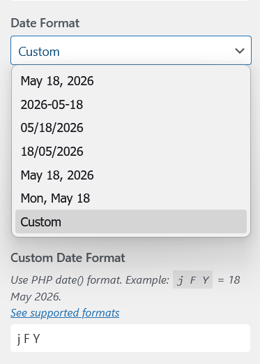 Date Format dropdown in Aurora Customizer showing available format options and custom format field