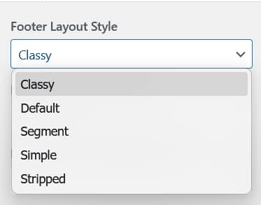 Footer Layout Style dropdown showing all five options: Classy, Default, Segment, Simple, Stripped