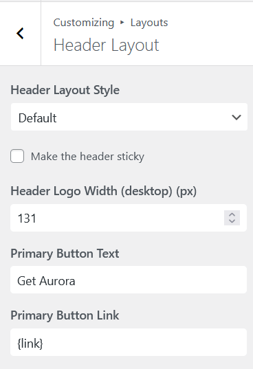 Header Layout panel showing Header Layout Style, sticky toggle, logo width, primary button text and link fields