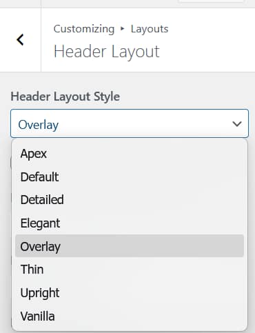 Header Layout Style dropdown open showing all eight Aurora header layout options