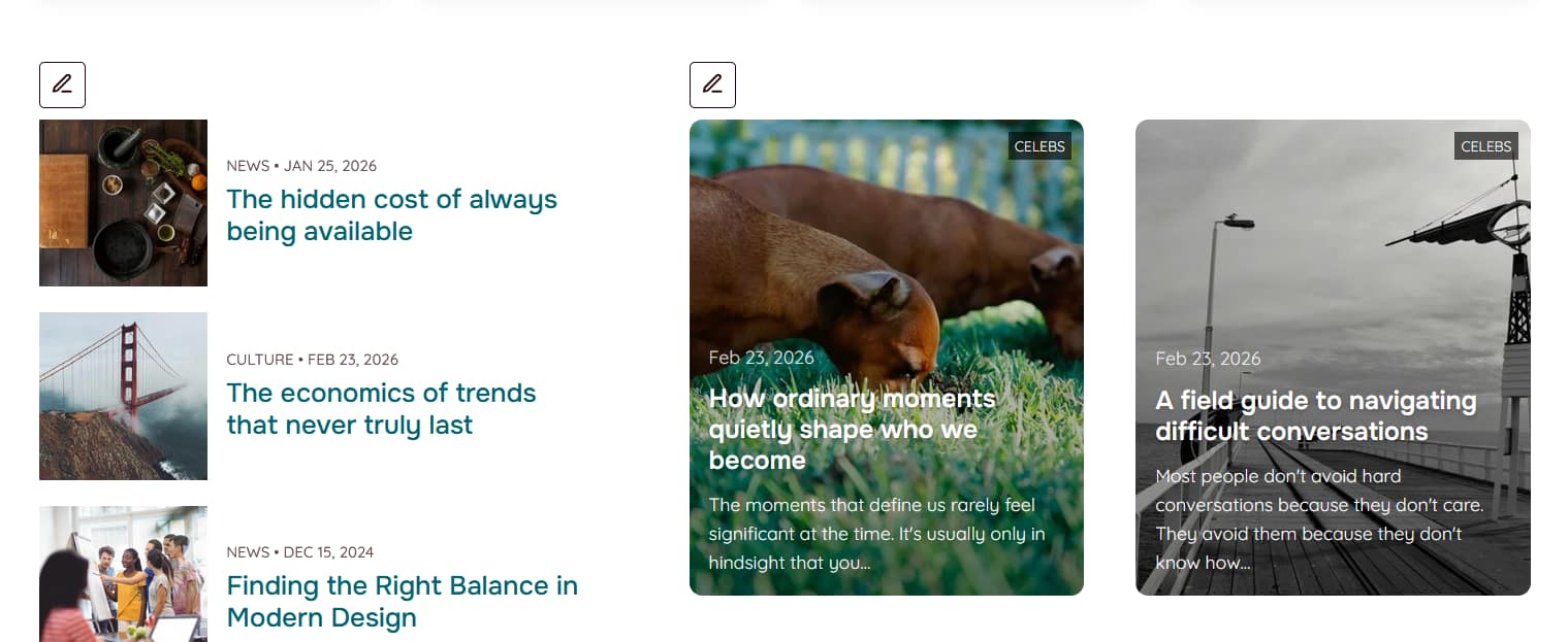 Homepage front-end showing edit pencil icons on each homepage section for direct Customizer editing