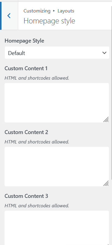 Homepage Style panel showing Homepage Style dropdown and Custom Content 1 through 4 textarea fields