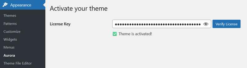 Aurora license activation screen in WordPress admin showing License Key field with Theme is activated confirmation