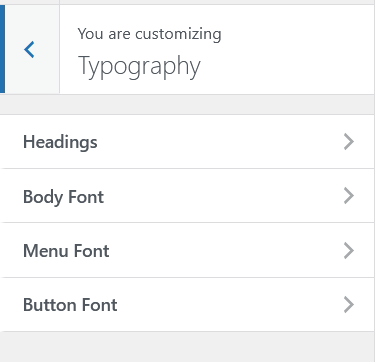 Aurora Typography panel showing four font categories: Headings, Body Font, Menu Font, Button Font