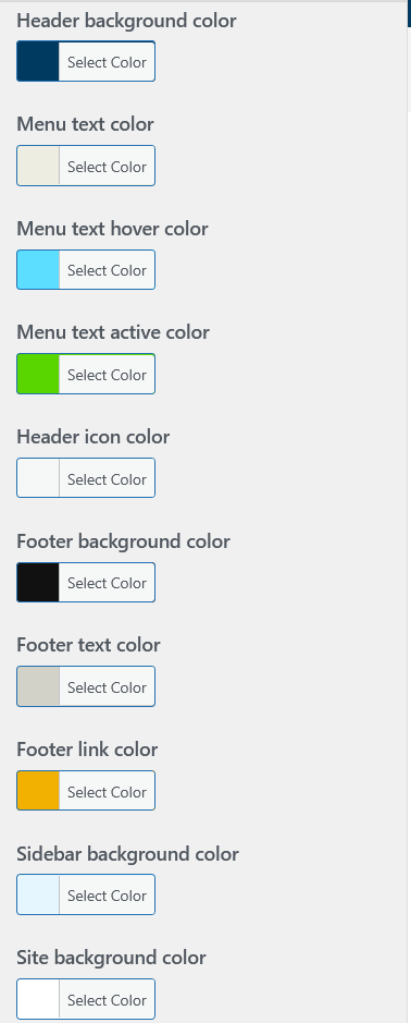 Aurora Colors panel showing header background, menu text, footer background, sidebar and site background color options