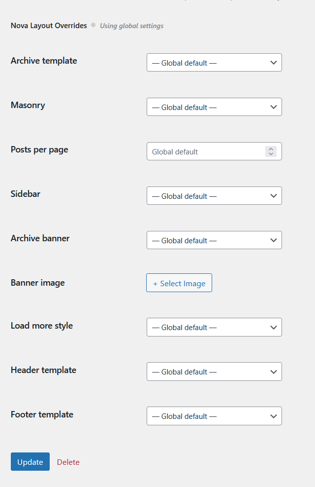 Nova Layout Overrides panel on a category edit screen, showing per-term controls for archive template, masonry, posts per page, sidebar, archive banner, and banner image