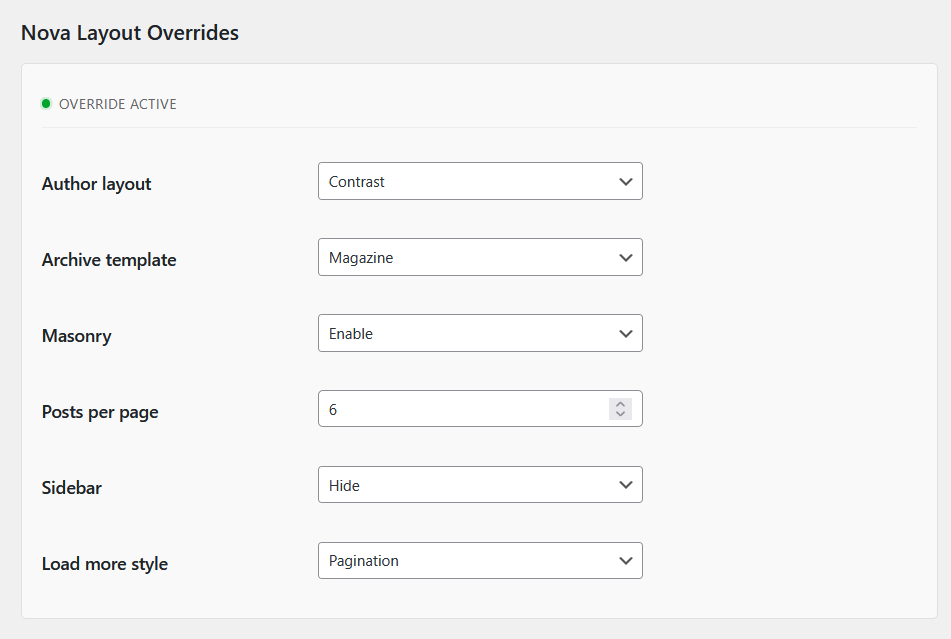 Nova Layout Overrides panel on a user profile showing Author layout, Archive template, Masonry, Posts per page and other override fields with Override Active indicator
