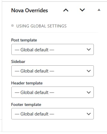 Nova Overrides panel in the post editor sidebar showing Post template, Sidebar, Header template and Footer template dropdowns set to Global default