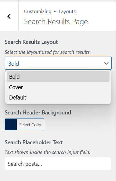 Search Results Page panel showing Search Results Layout dropdown with Bold, Cover and Default options, header background color and placeholder text