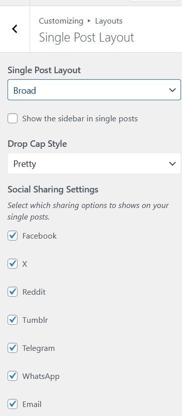 Single Post Layout panel showing layout dropdown, sidebar toggle, Drop Cap Style and Social Sharing Settings