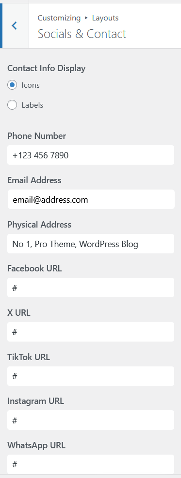 Socials and Contact panel showing Contact Info Display toggle, Phone Number, Email Address, Physical Address and social media URL fields