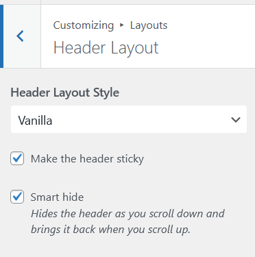 Header Layout settings showing Make the header sticky and Smart hide checkboxes