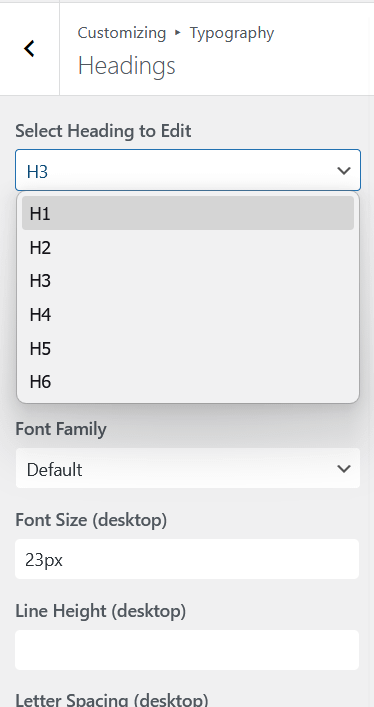 Aurora Headings typography settings showing Select Heading dropdown with H1 through H6 options and font controls