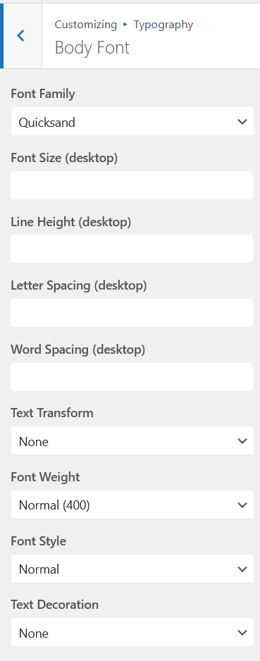 Aurora Body Font settings showing Font Family, Size, Line Height, Letter Spacing, Font Weight and other controls